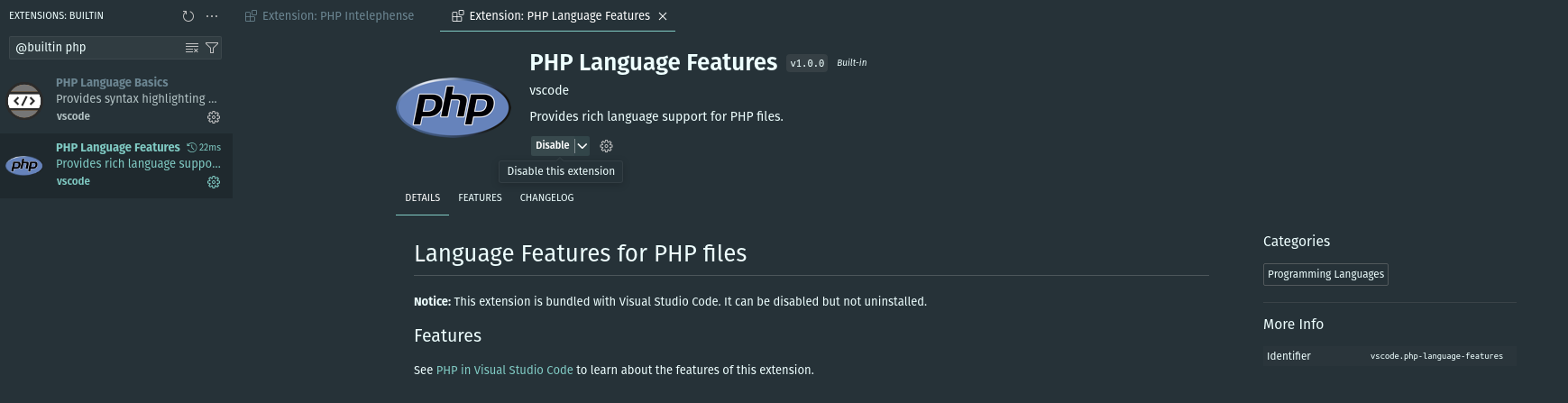 VS Code PHP Language Features